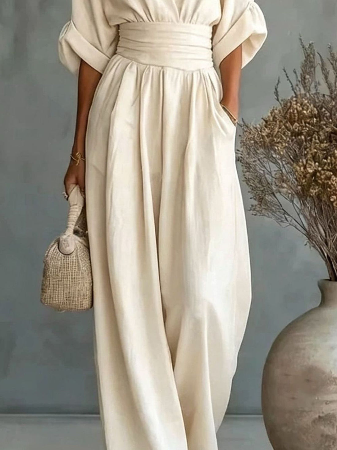 bohemian jumpsuit in White with v-neck