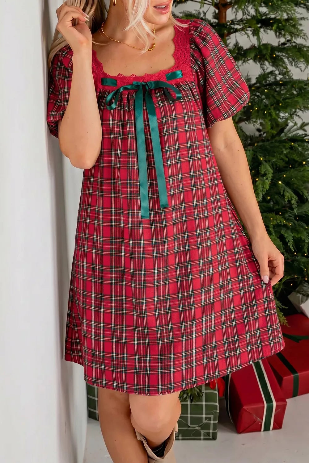 Deep Red Plaid Square Collar Lace Trim Mini Dress