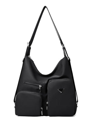 Black nylon shoulder bag with multiple exterior pockets and silver hardware.