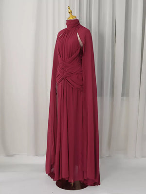 Red with Ruched Halter Neck Cape Maxi Dress in Red