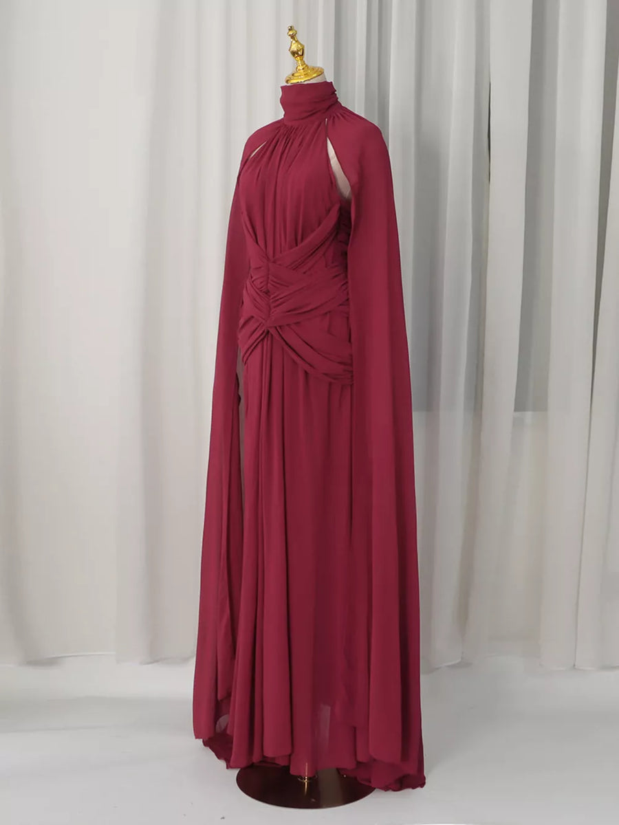Red with Ruched Halter Neck Cape Maxi Dress in Red