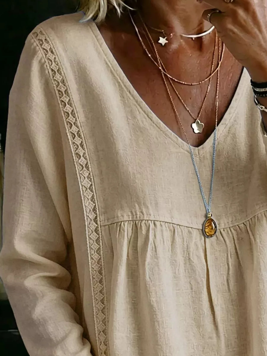 V-neck Lace Trimmed Long Sleeve Blouse Plus Size in White with lace trimmed