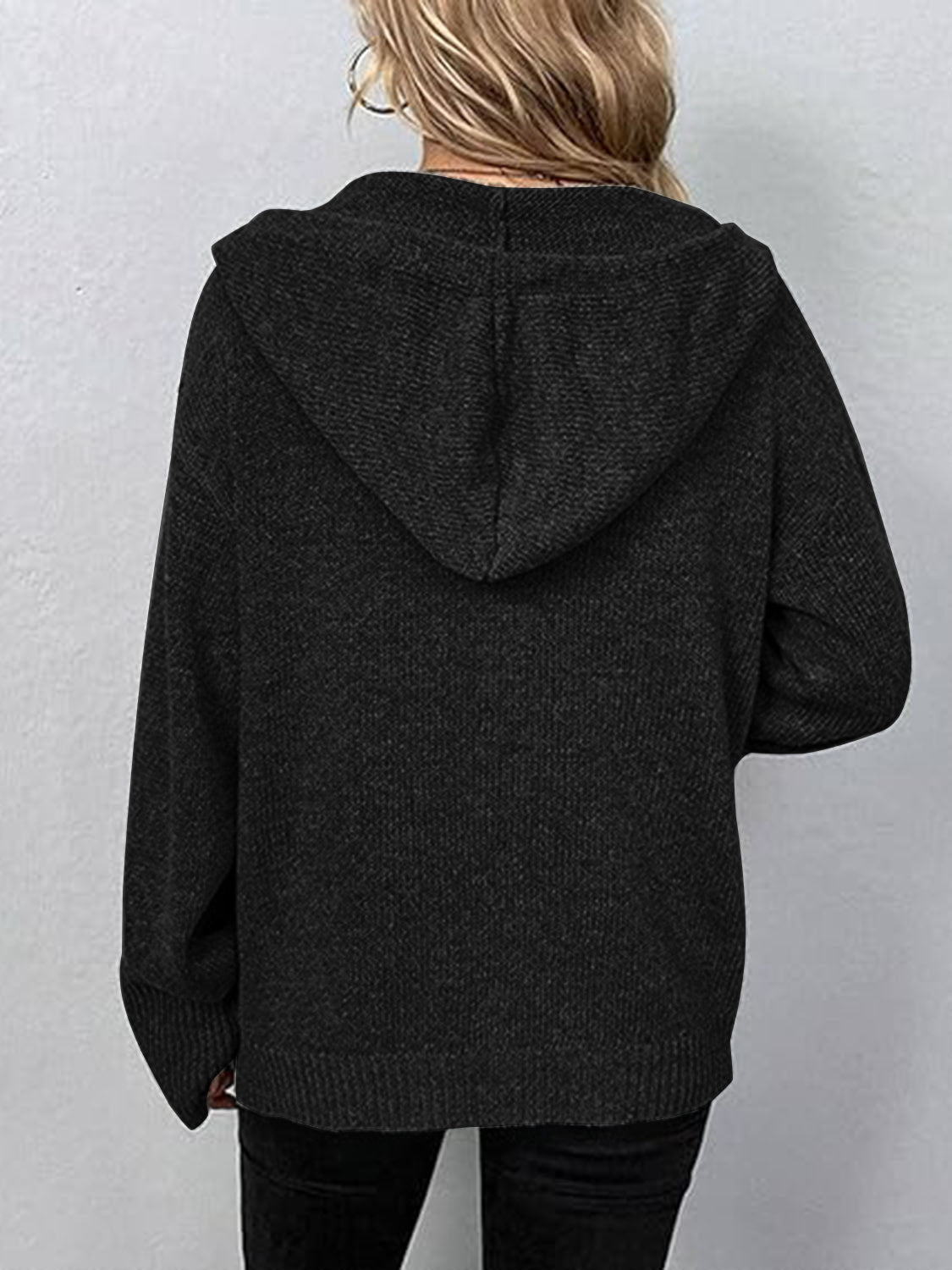 Black ribbed knit hooded cardigan with button detail
