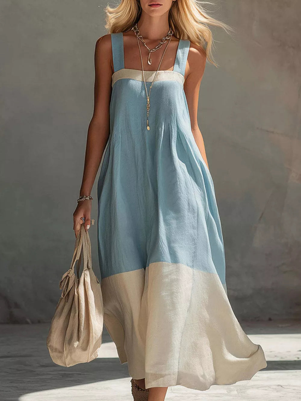 sky blue midi dress with color-block and square neck
