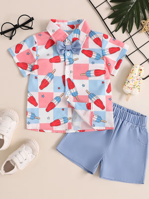 Toddler boys popsicle print shirt and sky blue shorts set with bow tie.