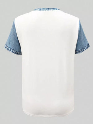White blouse with denim patchwork sleeves and collar detail