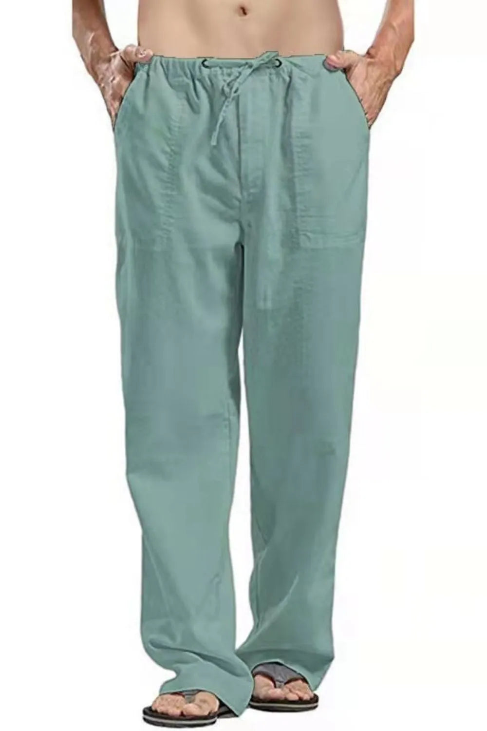 Men's relaxed fit linen drawstring trousers in Sage with side pockets.