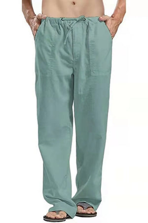 Men's relaxed fit linen drawstring trousers in Sage with side pockets.