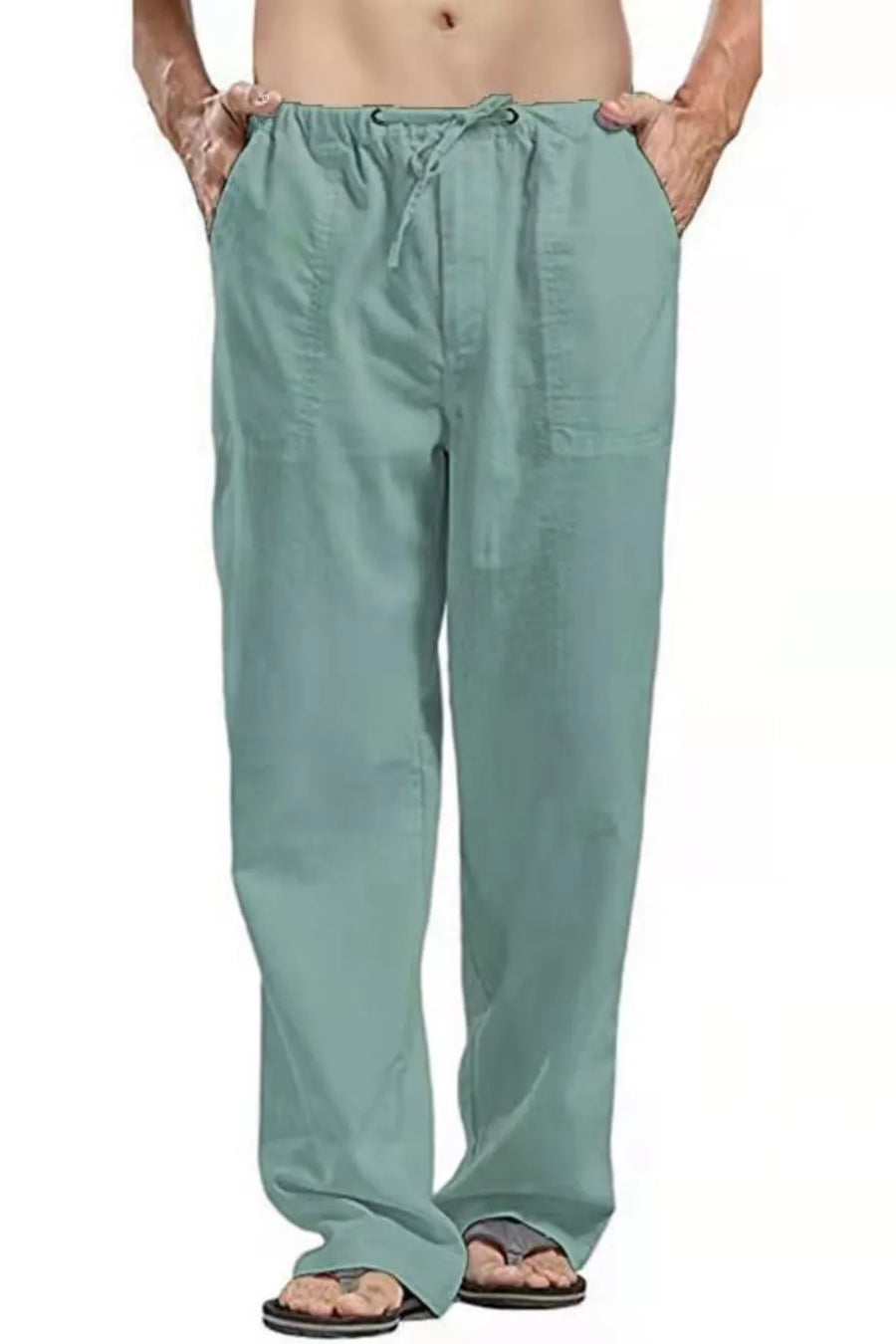 Men's relaxed fit linen drawstring trousers in Sage with side pockets.
