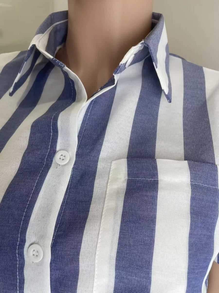 Chic striped button-up shirt in royal blue and white with a chest pocket.