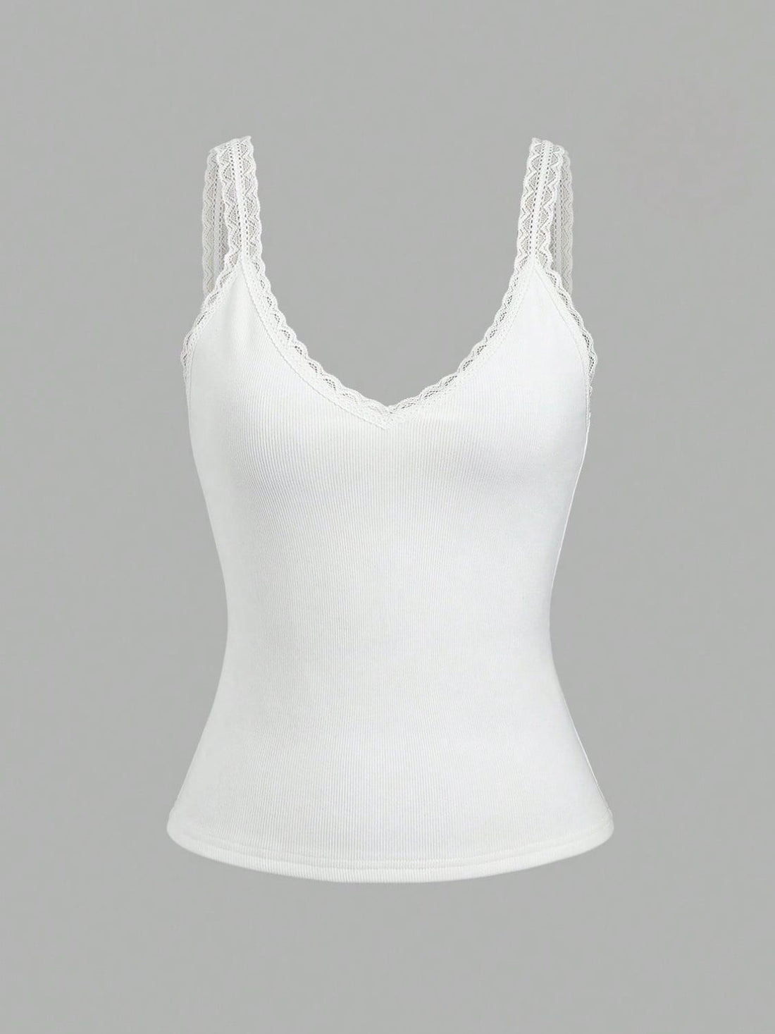 White ribbed cami with lace trim V-neck and straps