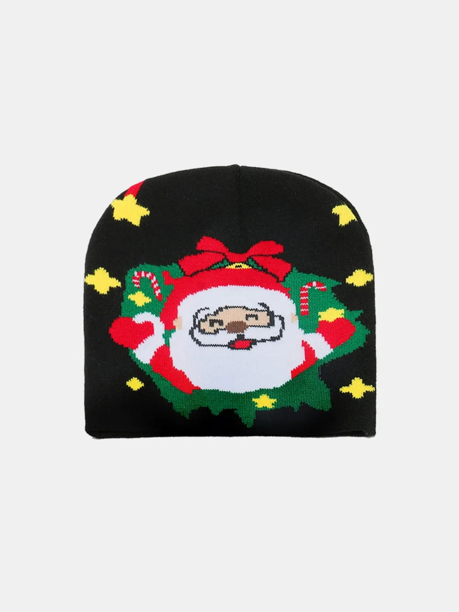 Black acrylic Santa face knit beanie with candy canes and stars pattern.