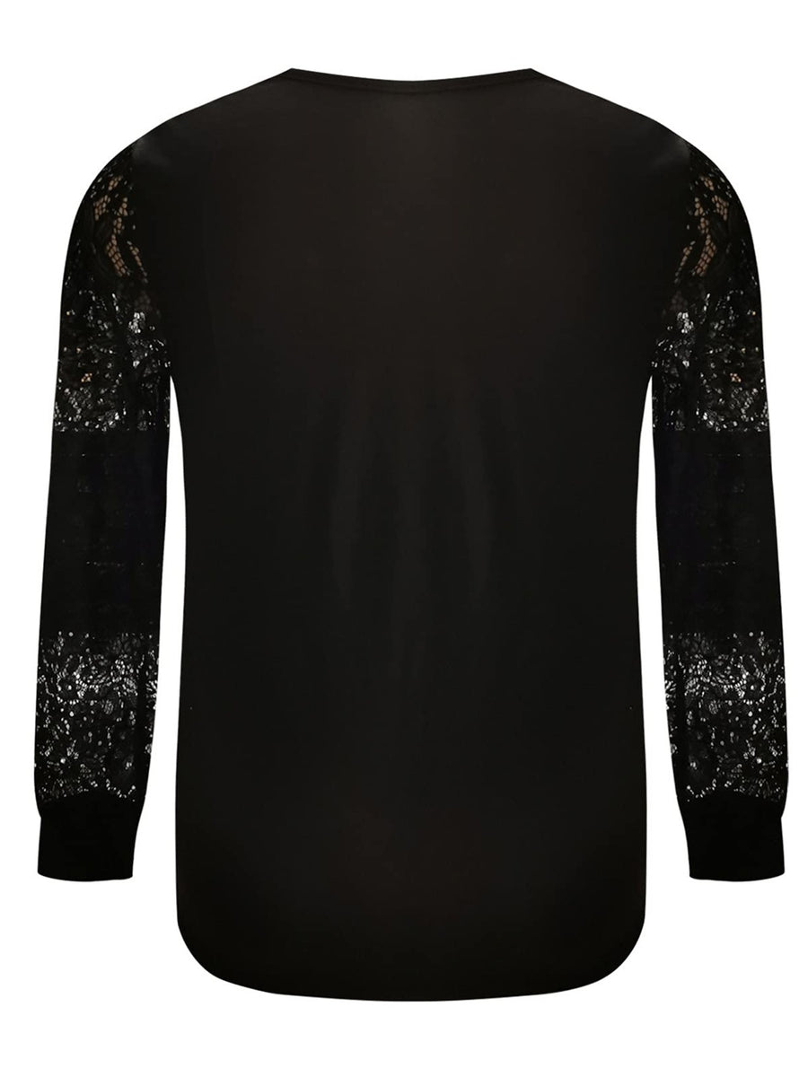 Black blouse with lace inset blouson sleeves and V-neck detail.