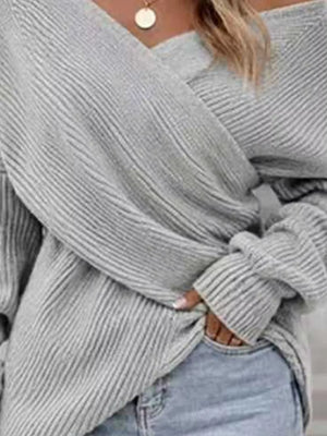 Navy Blue Crisscross Ribbed Knit Long Sleeve Sweater