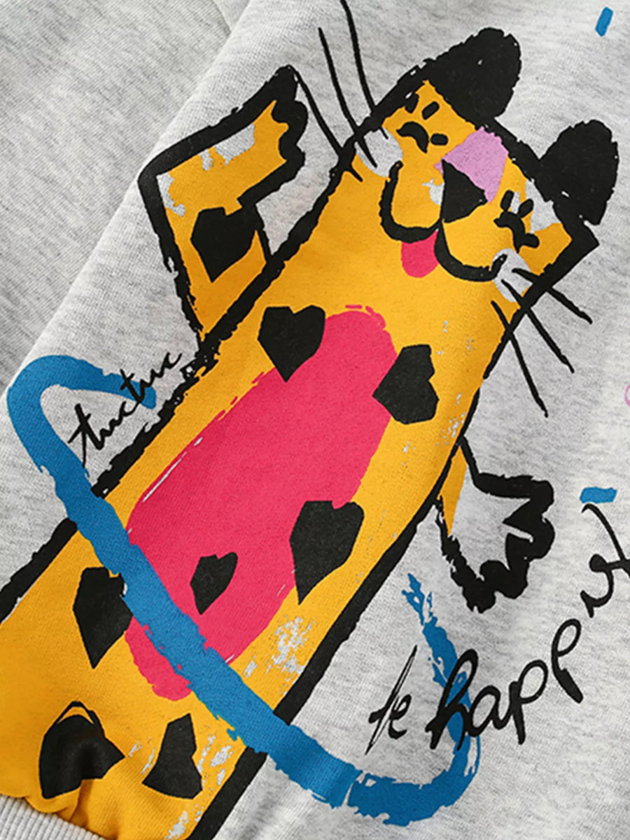 Light Gray cotton crew sweatshirt with a colorful cartoon cat graphic and text.