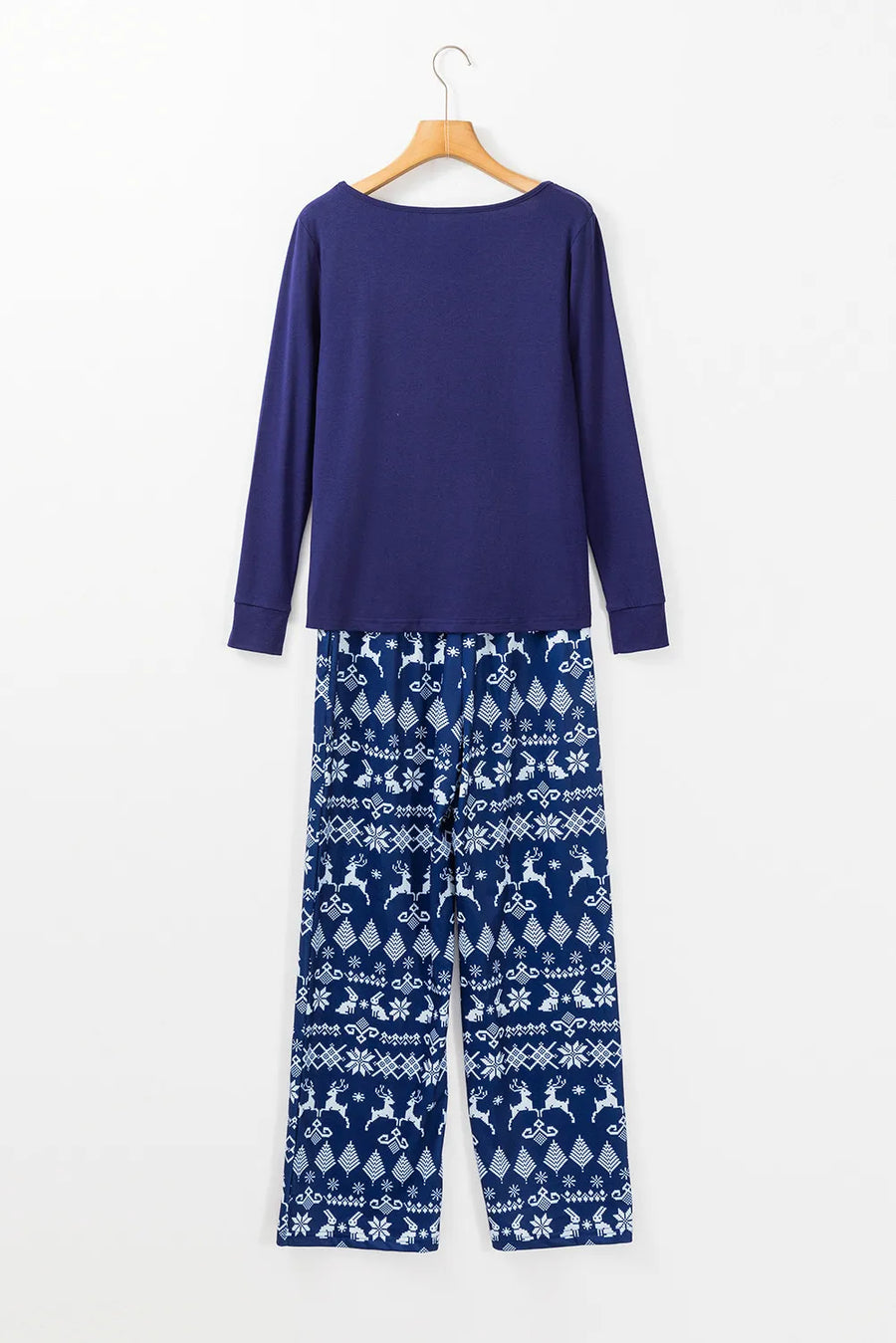 Navy lounge set with festive print pants and long sleeve top.