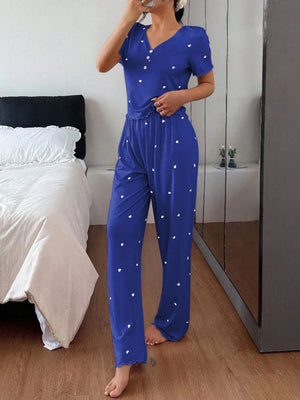 pajama set in blush pink with heart-print and ribbed