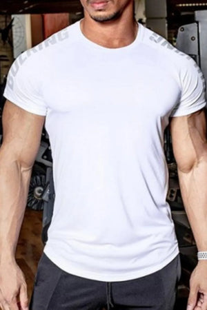 White athletic t-shirt with grey text print on shoulders and sleeves.