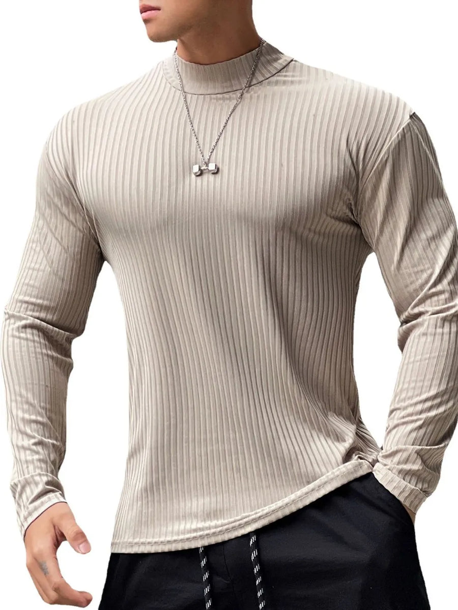 Ribbed mock neck long sleeve top in Khaki with a muscle fit.