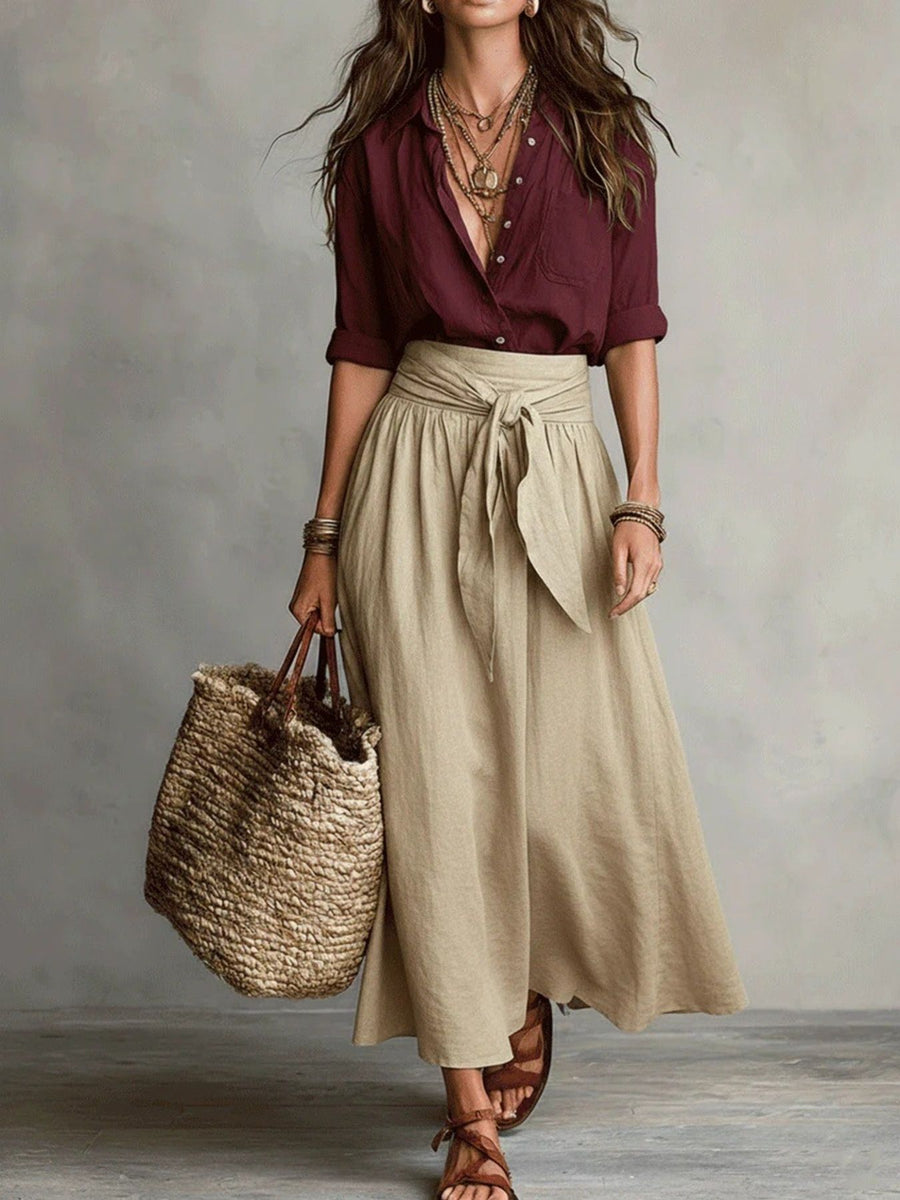 shirt and skirt set in Gray with collared and maxi