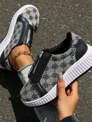 Logo print zip-up platform sneakers in gray with dark navy accents and a white sole.