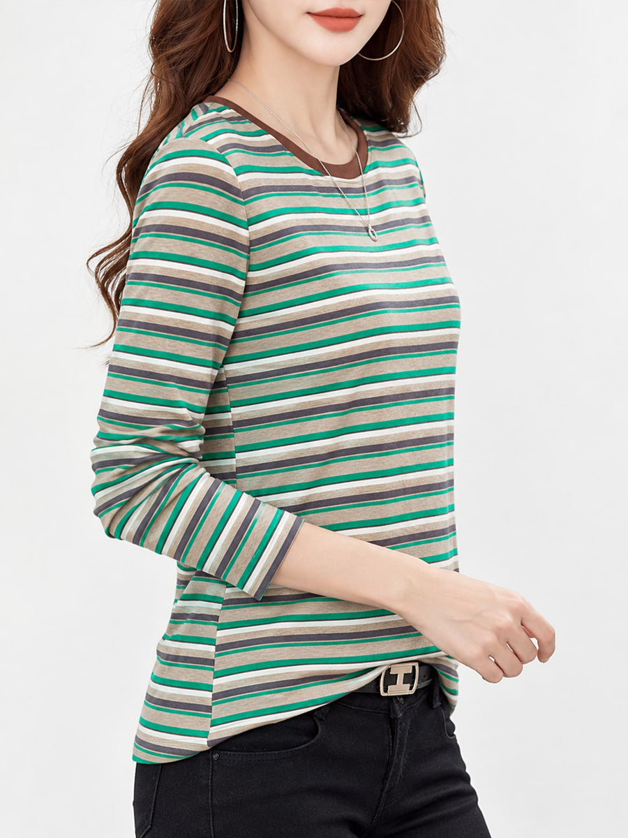 t-shirt featuring striped in brown with Cotton content is at least 30% and less than 50% texture