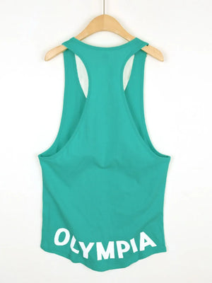Teal Olympia racerback tank top with white text detail.
