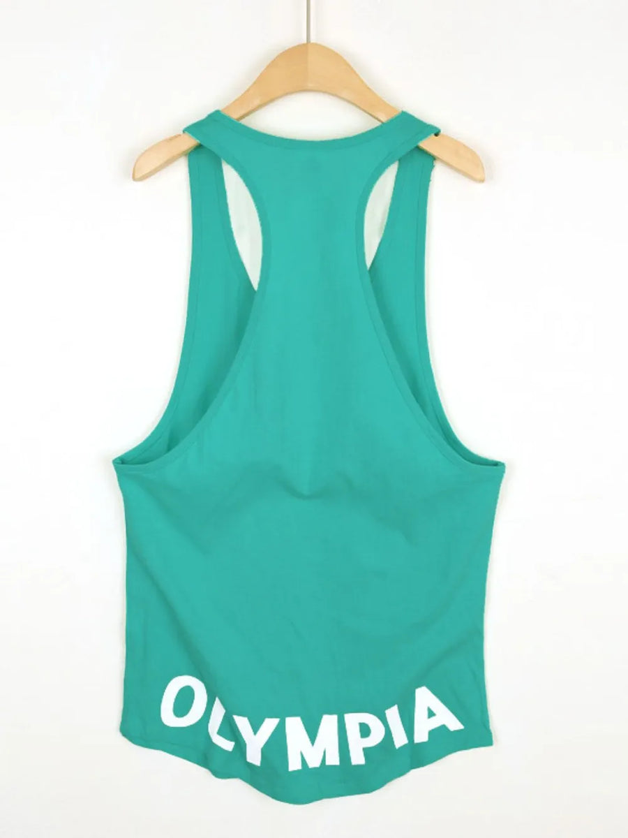 Teal Olympia racerback tank top with white text detail.