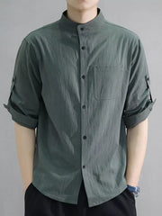 Men's army green cotton button-down shirt with roll-up sleeves and chest pocket