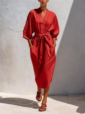 ivory relaxed midi dress with v-neck