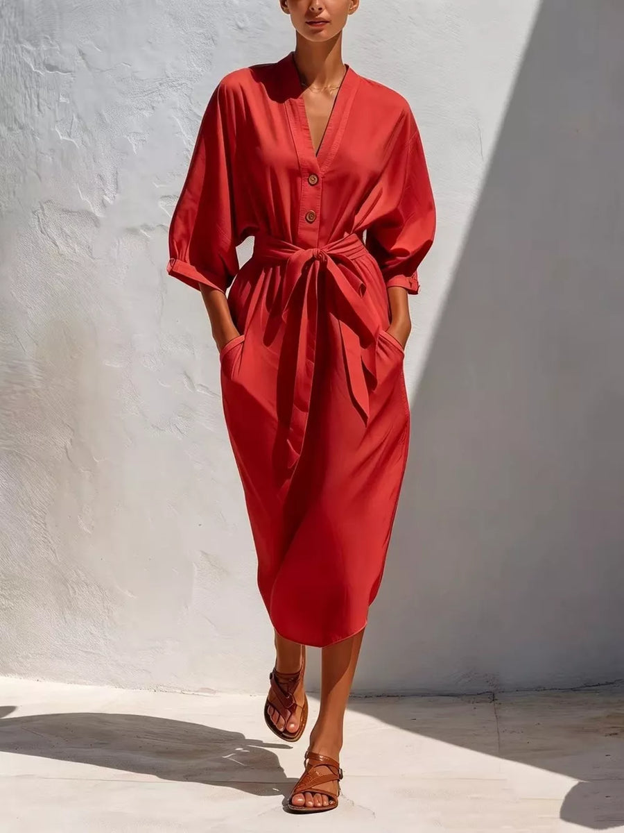 ivory relaxed midi dress with v-neck