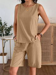Khaki relaxed fit tank top and shorts set with crew neck and elastic waist shorts.