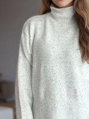 Camel ribbed turtleneck sweater with side slits