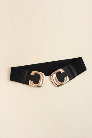 Black elastic belt with gold double C buckle detail