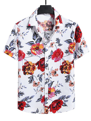 White cotton short sleeve shirt with red and yellow floral print.