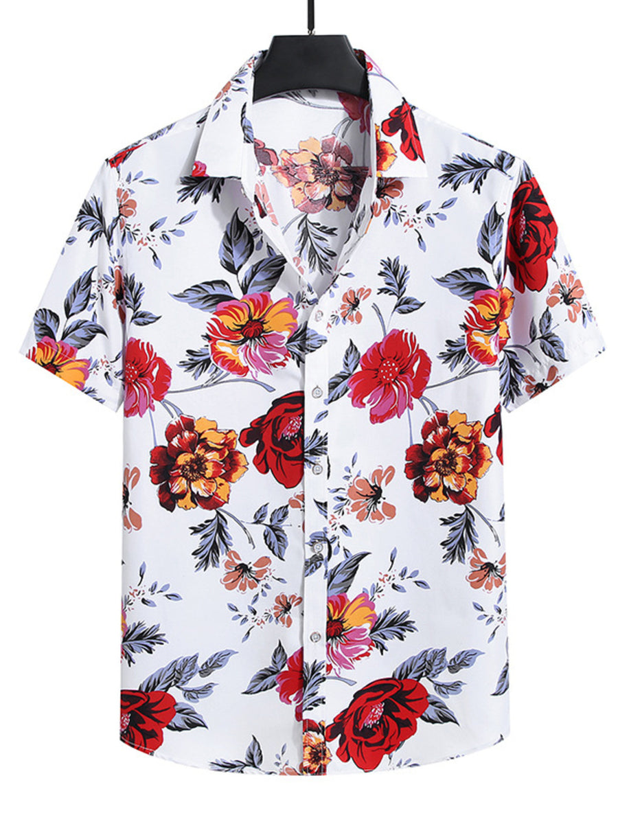 White cotton short sleeve shirt with red and yellow floral print.