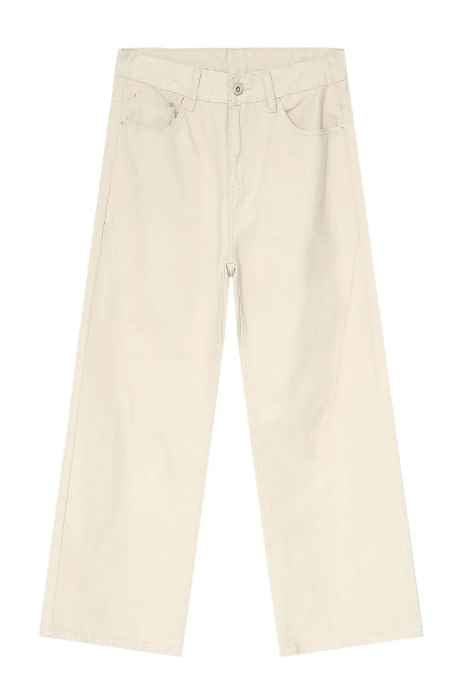 Oversized beige denim jeans with a sculpted leg and neutral wash.