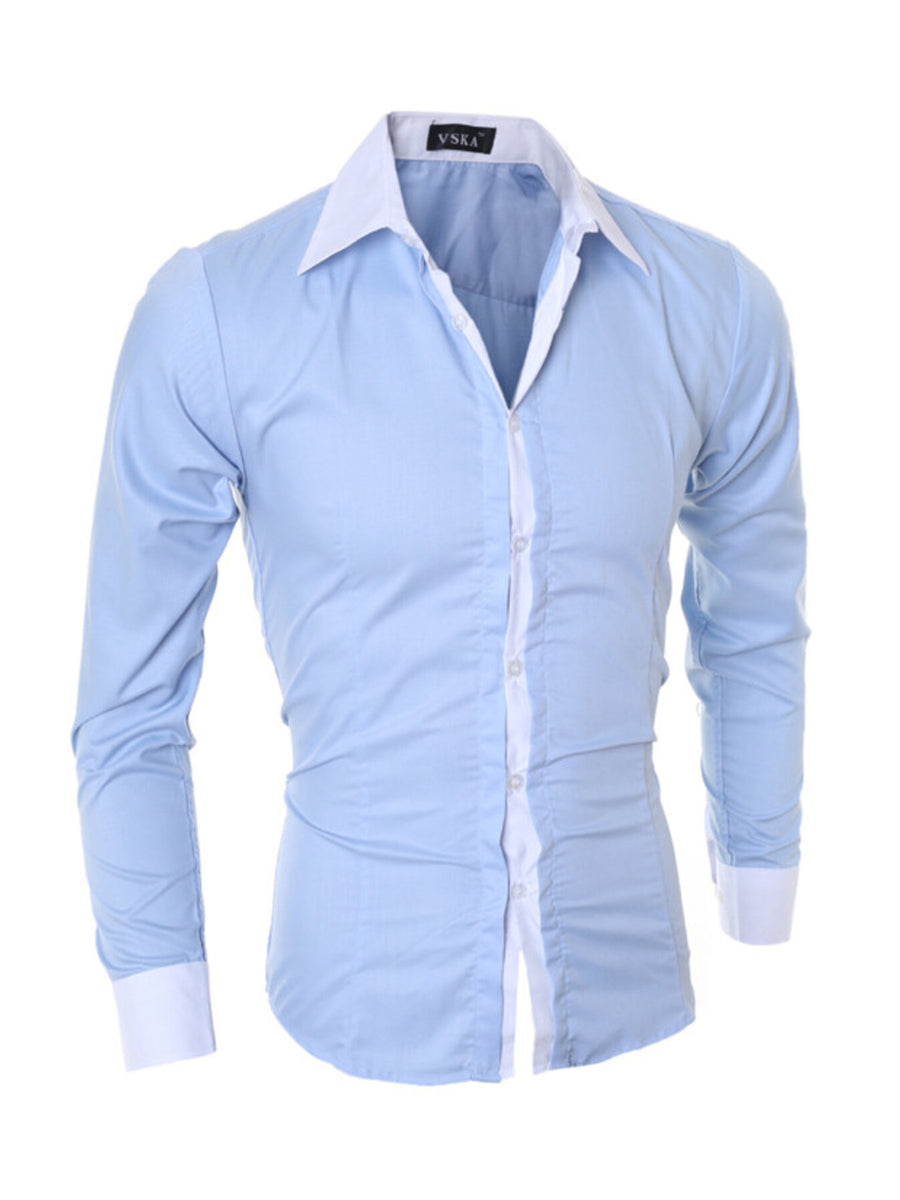Men's blue slim fit long sleeve shirt with white collar and cuffs