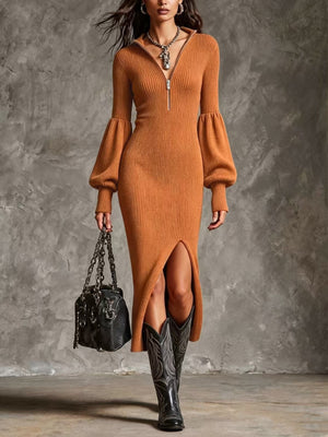 sweater dress in rust featuring side slit and fitted fit