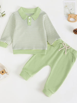 Green striped polo shirt and solid green pants set for baby boys and girls