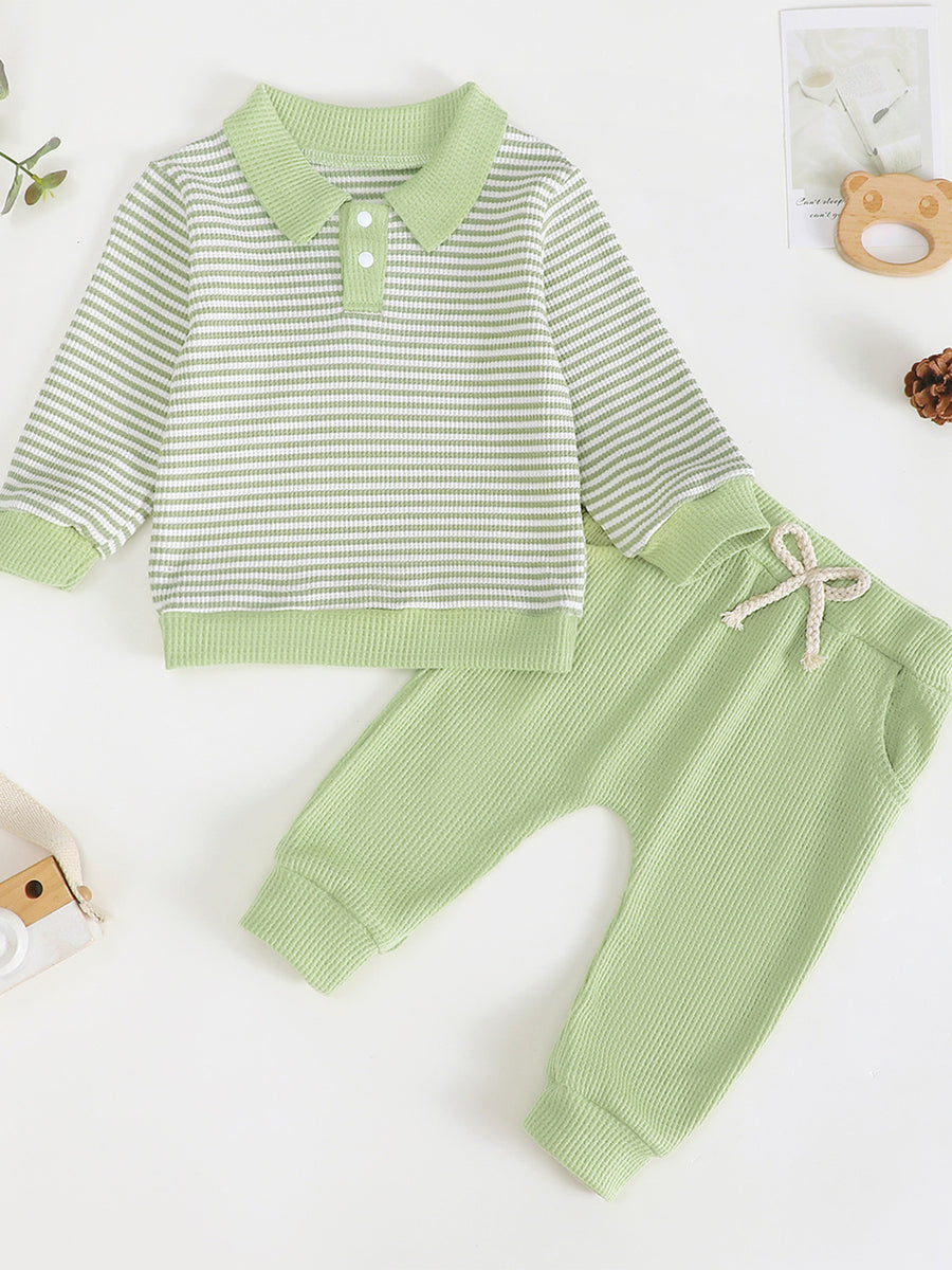 Green striped polo shirt and solid green pants set for baby boys and girls