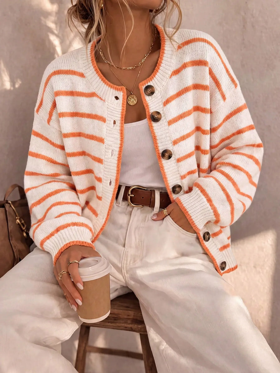 White striped knit cardigan with Caramel stripes and button-down front