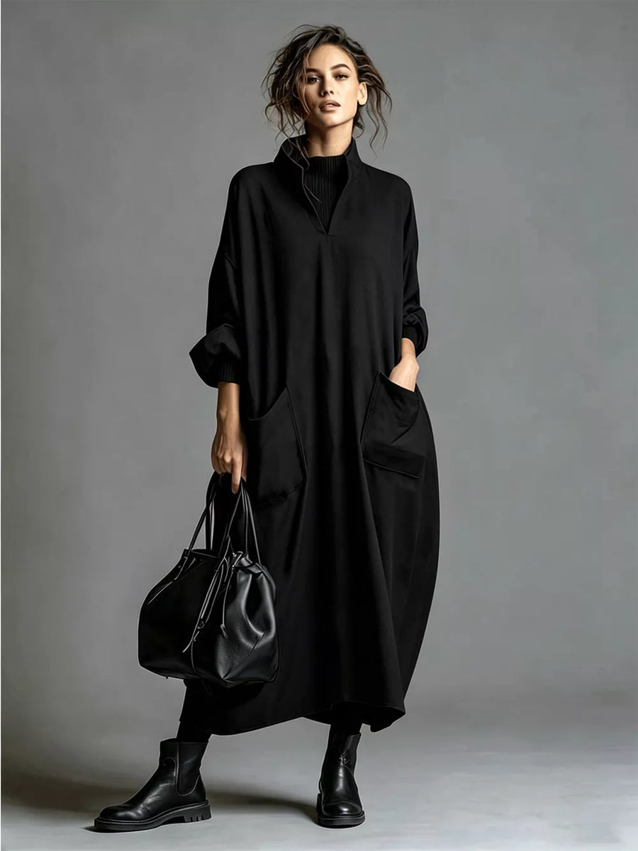 minimalist midi dress in Black with mock neck