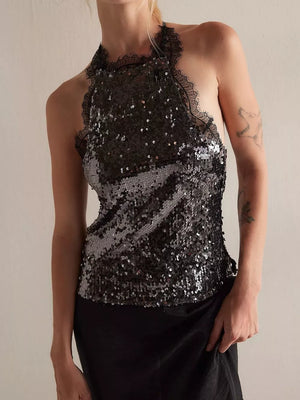 Black sequin halter cami with lace trim detail