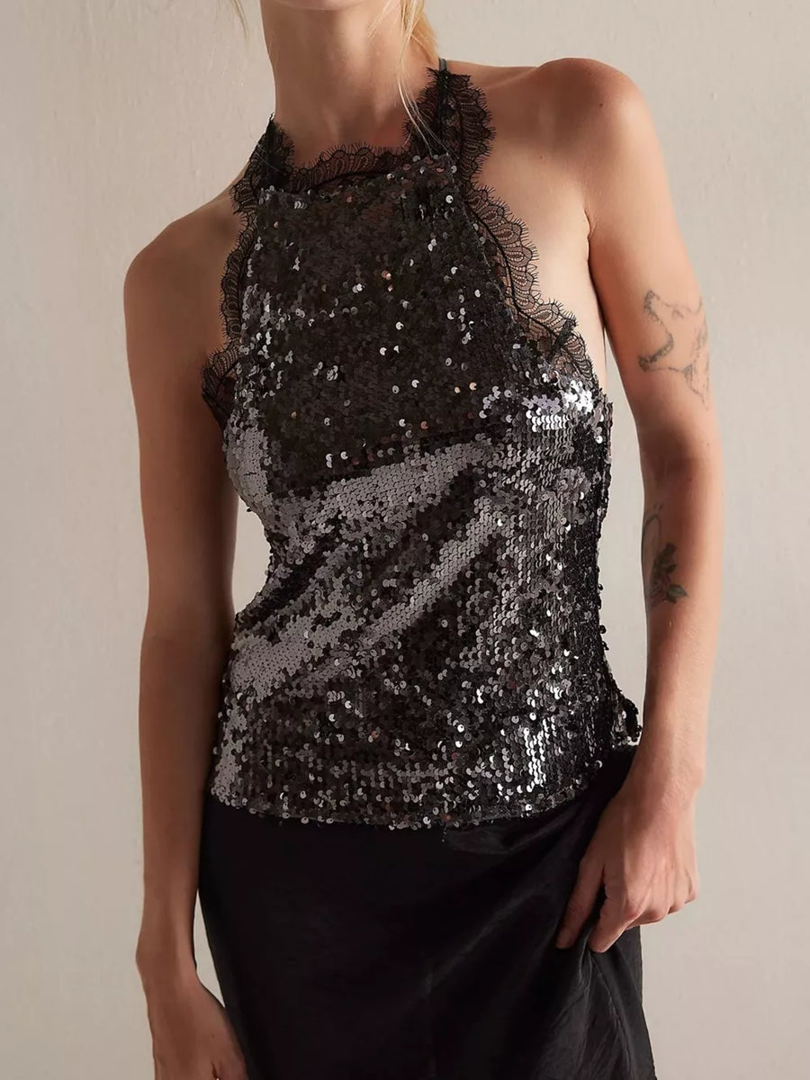 Black sequin halter cami with lace trim detail
