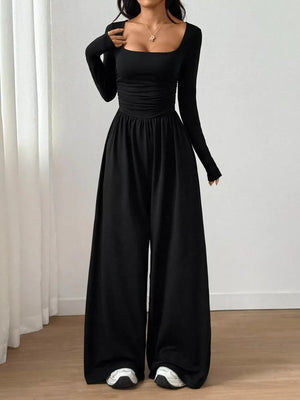 Brown Ruched Square Neck Wide-leg Jumpsuit