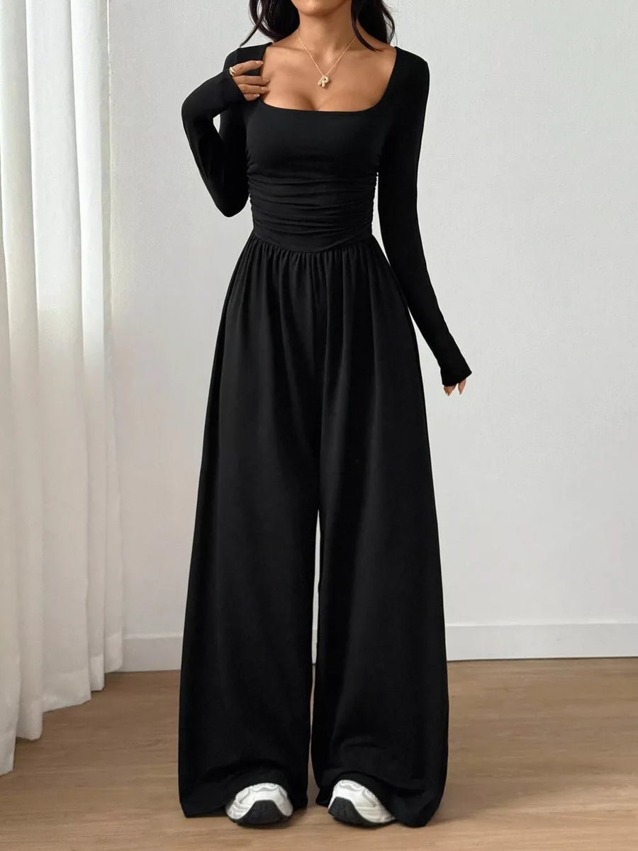 Brown Ruched Square Neck Wide-leg Jumpsuit