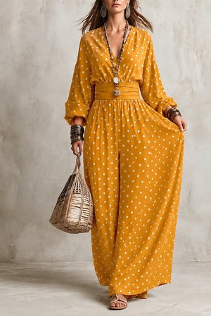 mustard yellow jumpsuit with polka dot and v-neck