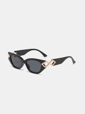 Black cat-eye sunglasses with geometric gold accents and dark lenses.