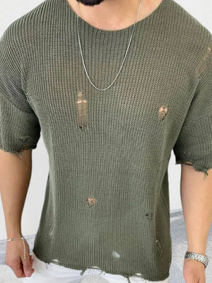 Army green open-knit destroyed crewneck tee with short sleeves and distressed details.